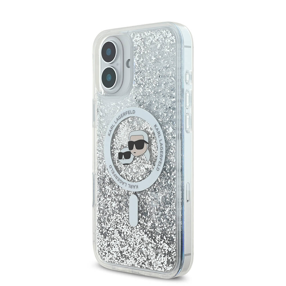 Apple iPhone 16 Plus Kılıf Karl Lagerfeld Orjinal Lisanslı M-safe Şarj Özellikli Sıvılı Simli K&C Heads Kapak