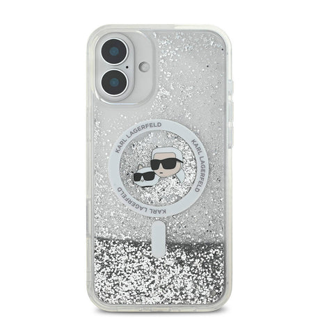 Apple iPhone 16 Plus Kılıf Karl Lagerfeld Orjinal Lisanslı M-safe Şarj Özellikli Sıvılı Simli K&C Heads Kapak