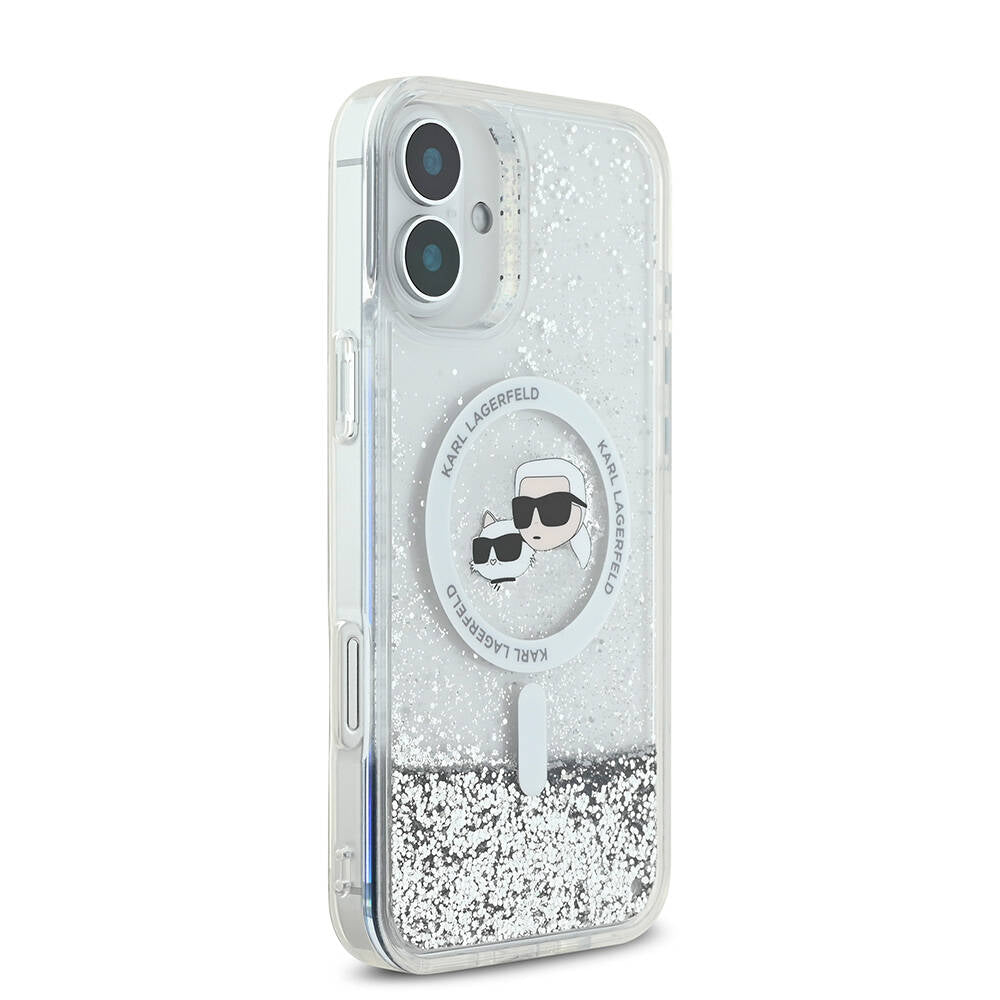 Apple iPhone 16 Plus Kılıf Karl Lagerfeld Orjinal Lisanslı M-safe Şarj Özellikli Sıvılı Simli K&C Heads Kapak