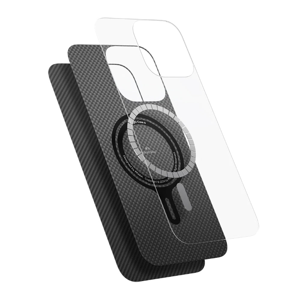 Apple iPhone 16 Plus Kılıf M-safe Şarj Özellikli 600D Aramid Fiber Pitaka Ultra-Slim Classic Serisi Black-Grey Twill Kapak