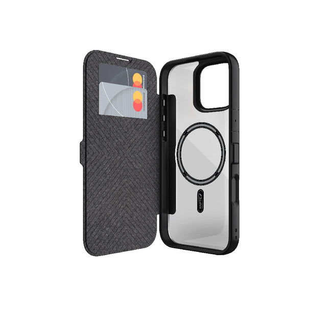 Apple iPhone 16 Plus Kılıf M-safe Şarj Özellikli Vegan Deri Tasarımlı Şeffaf Arka Yüzey Kartlıklı Raptic Urban Folio Serisi Kapak