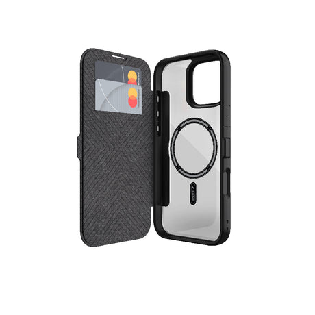 Apple iPhone 16 Plus Kılıf M-safe Şarj Özellikli Vegan Deri Tasarımlı Şeffaf Arka Yüzey Kartlıklı Raptic Urban Folio Serisi Kapak