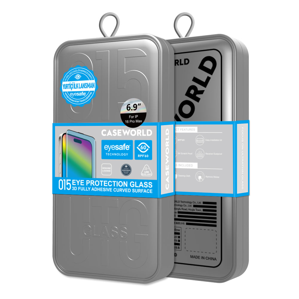 Apple iPhone 16 Pro CaseWorld 3D Eyesafe Mavi Işık Teknolojili 0.15mm Temperli Cam Ekran Koruyucu + Uygulama Aparatı