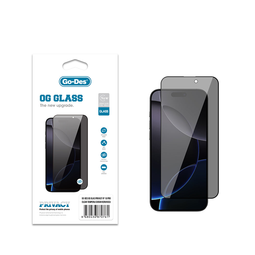 Apple iPhone 16 Pro Go Des OG Glass Privacy Antistatik Temperli Cam Ekran Koruyucu