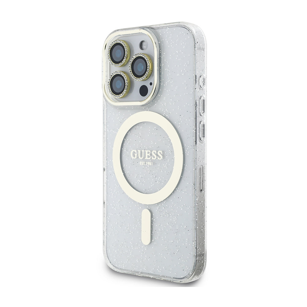Apple iPhone 16 Pro Guess Orjinal Lisanslı 3'lü Aksesuar Seti IML Baskılı Simli Glitter Kılıf + Ekran Koruyucu + Lens Koruyucu