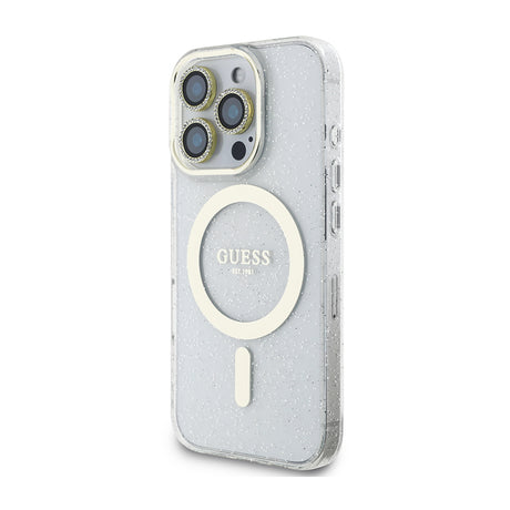 Apple iPhone 16 Pro Guess Orjinal Lisanslı 3'lü Aksesuar Seti IML Baskılı Simli Glitter Kılıf + Ekran Koruyucu + Lens Koruyucu