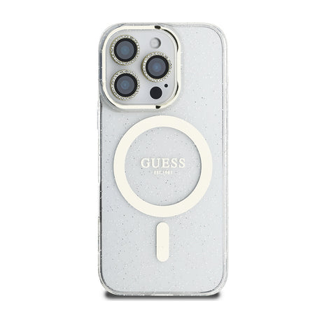 Apple iPhone 16 Pro Guess Orjinal Lisanslı 3'lü Aksesuar Seti IML Baskılı Simli Glitter Kılıf + Ekran Koruyucu + Lens Koruyucu