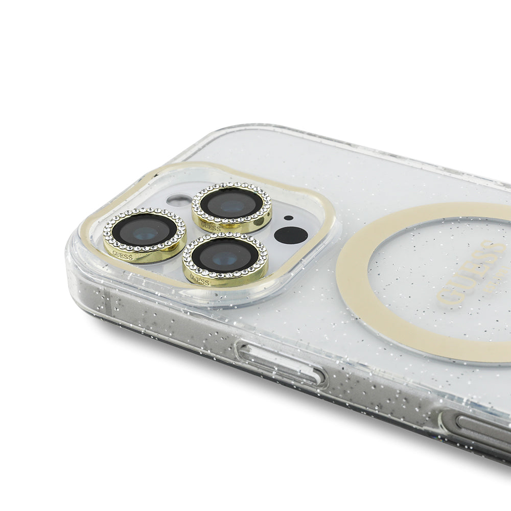 Apple iPhone 16 Pro Guess Orjinal Lisanslı 3'lü Aksesuar Seti IML Baskılı Simli Glitter Kılıf + Ekran Koruyucu + Lens Koruyucu