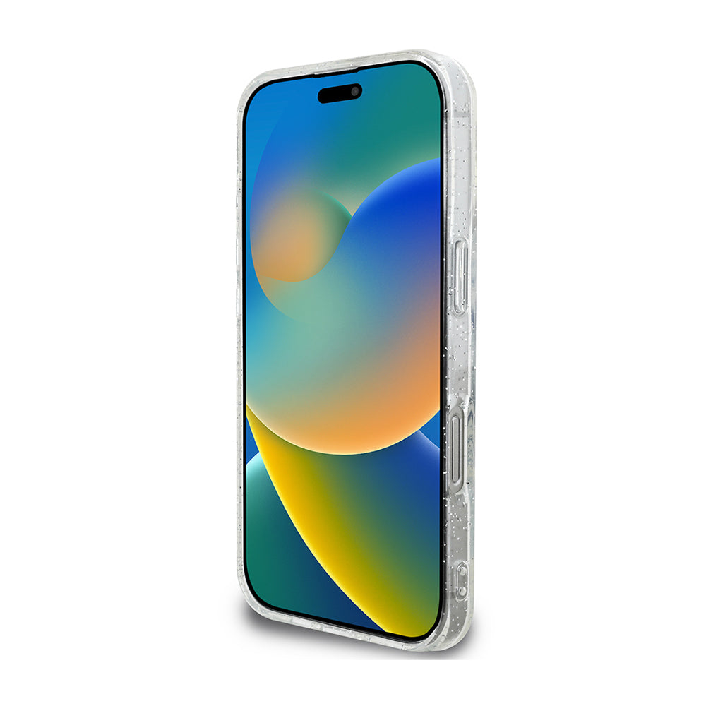 Apple iPhone 16 Pro Guess Orjinal Lisanslı 3'lü Aksesuar Seti IML Baskılı Simli Glitter Kılıf + Ekran Koruyucu + Lens Koruyucu