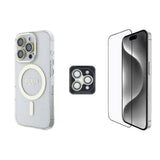Apple iPhone 16 Pro Guess Orjinal Lisanslı 3'lü Aksesuar Seti IML Baskılı Simli Glitter Kılıf + Ekran Koruyucu + Lens Koruyucu