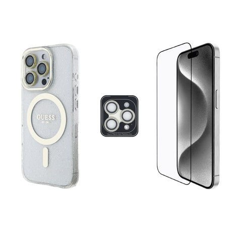 Apple iPhone 16 Pro Guess Orjinal Lisanslı 3'lü Aksesuar Seti IML Baskılı Simli Glitter Kılıf + Ekran Koruyucu + Lens Koruyucu