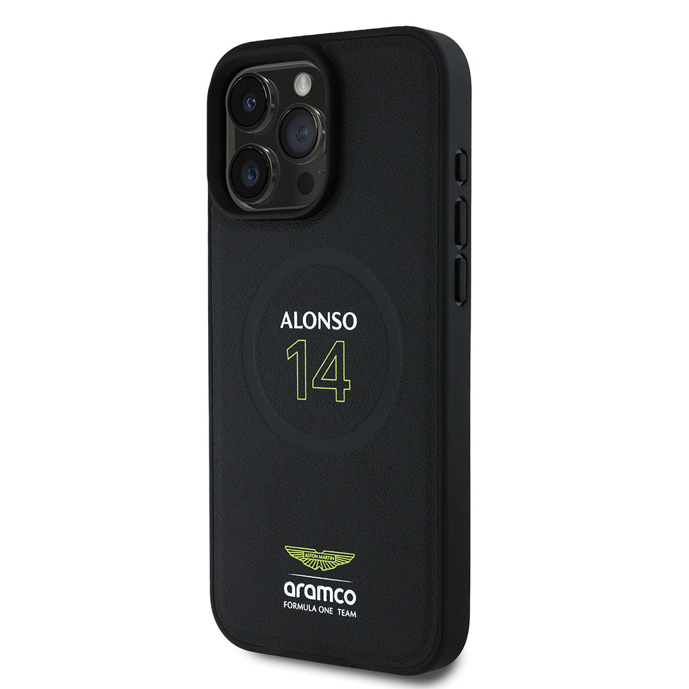 Apple iPhone 16 Pro Kılıf Aston Martin Orjinal Lisanslı M-safe Şarj Özellikli PU Deri Alonso 14 Baskılı Kapak