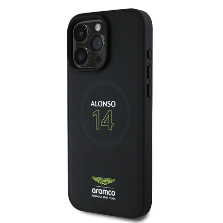 Apple iPhone 16 Pro Kılıf Aston Martin Orjinal Lisanslı M-safe Şarj Özellikli PU Deri Alonso 14 Baskılı Kapak