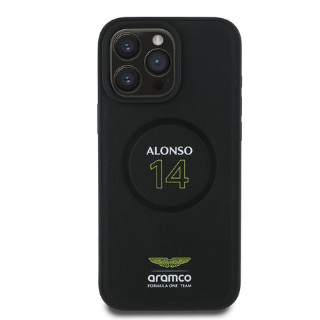Apple iPhone 16 Pro Kılıf Aston Martin Orjinal Lisanslı M-safe Şarj Özellikli PU Deri Alonso 14 Baskılı Kapak