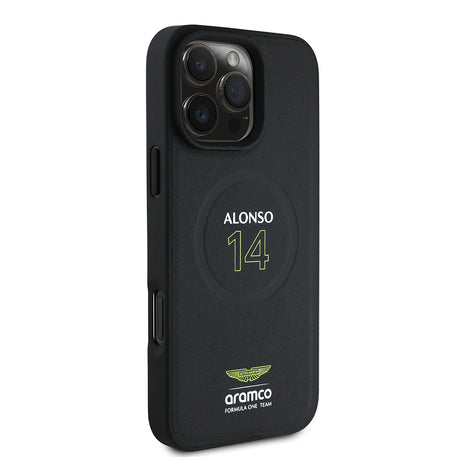 Apple iPhone 16 Pro Kılıf Aston Martin Orjinal Lisanslı M-safe Şarj Özellikli PU Deri Alonso 14 Baskılı Kapak