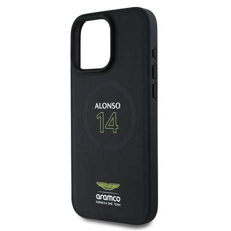 Apple iPhone 16 Pro Kılıf Aston Martin Orjinal Lisanslı M-safe Şarj Özellikli PU Deri Alonso 14 Baskılı Kapak