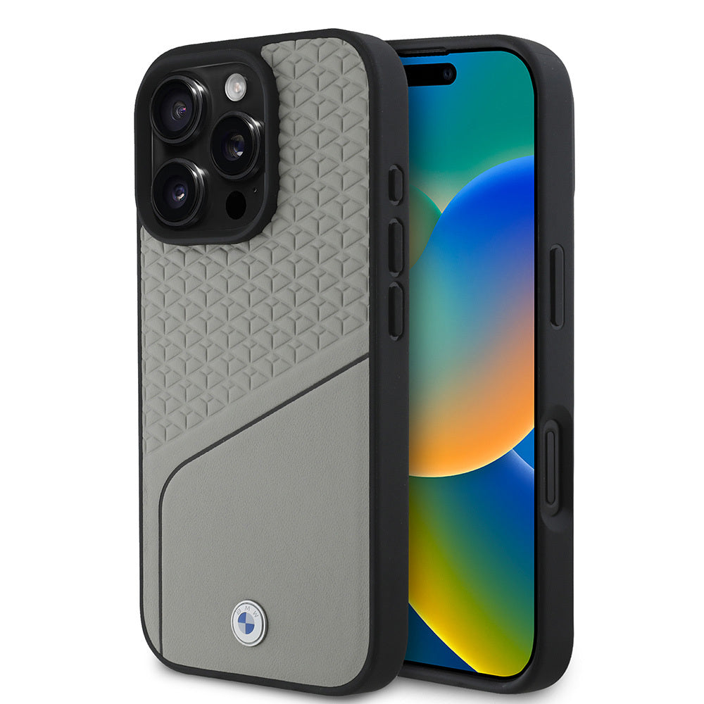 Apple iPhone 16 Pro Kılıf BMW Orjinal Lisanslı M-safe Şarj Özellikli Metal Logolu Dokulu ve Çizgili Deri Kapak