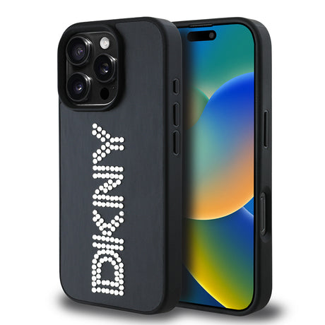 Apple iPhone 16 Pro Kılıf DKNY Orjinal Lisanslı Taşlı DKNY Yazılı Metalik Rhinestones PU Deri Kapak