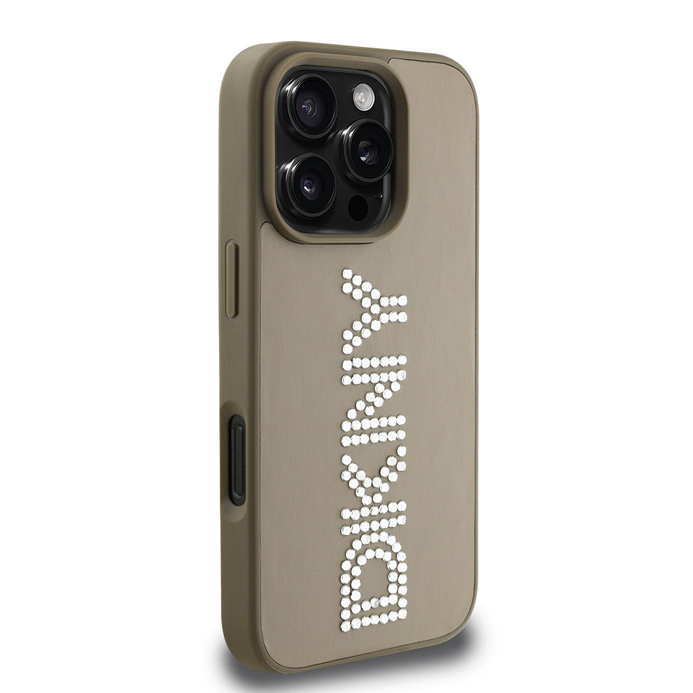 Apple iPhone 16 Pro Kılıf DKNY Orjinal Lisanslı Taşlı DKNY Yazılı Metalik Rhinestones PU Deri Kapak
