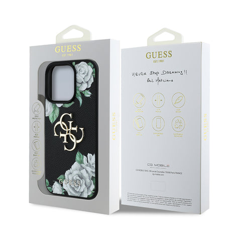 Apple iPhone 16 Pro Kılıf Guess Orjinal Lisanslı Gül Baskılı Büyük Metal Logo Dizaynlı Kapak