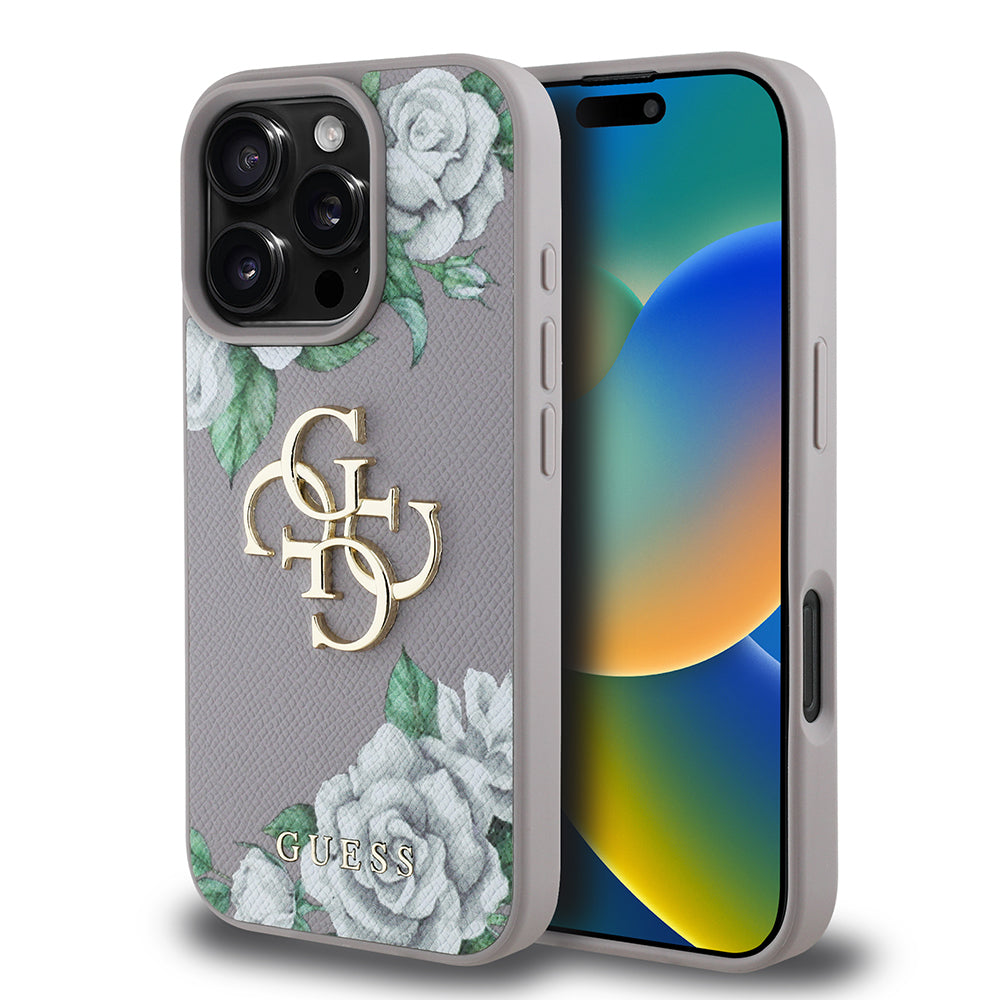 Apple iPhone 16 Pro Kılıf Guess Orjinal Lisanslı Gül Baskılı Büyük Metal Logo Dizaynlı Kapak