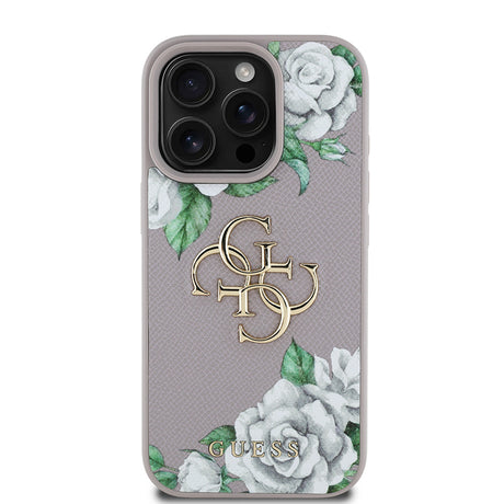 Apple iPhone 16 Pro Kılıf Guess Orjinal Lisanslı Gül Baskılı Büyük Metal Logo Dizaynlı Kapak