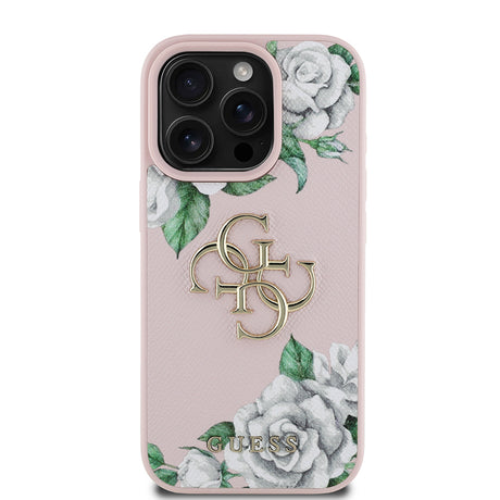 Apple iPhone 16 Pro Kılıf Guess Orjinal Lisanslı Gül Baskılı Büyük Metal Logo Dizaynlı Kapak