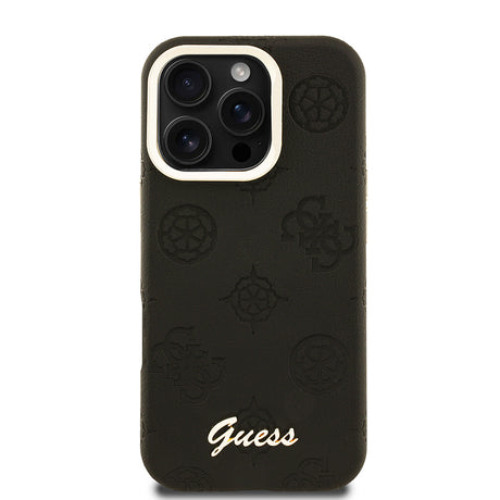 Apple iPhone 16 Pro Kılıf Guess Orjinal Lisanslı M-safe Şarj Özellikli Sıcak Baskılı Yazı Logolu Kamera Standlı PU Deri Peony Kapak