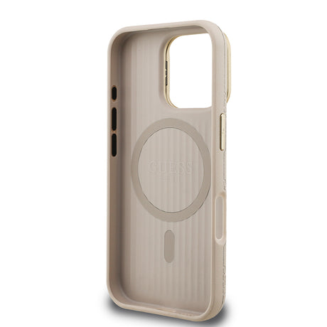 Apple iPhone 16 Pro Kılıf Guess Orjinal Lisanslı M-safe Şarj Özellikli Sıcak Baskılı Yazı Logolu Kamera Standlı PU Deri Peony Kapak