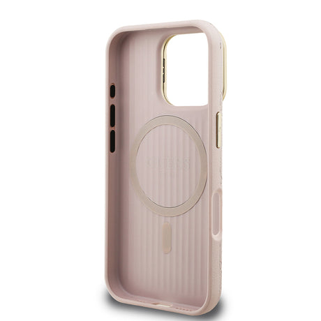 Apple iPhone 16 Pro Kılıf Guess Orjinal Lisanslı M-safe Şarj Özellikli Sıcak Baskılı Yazı Logolu Kamera Standlı PU Deri Peony Kapak