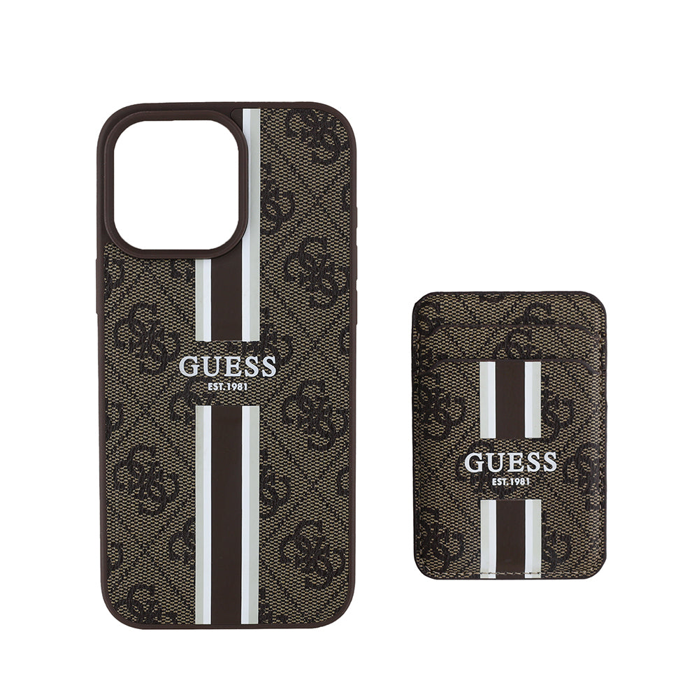 Apple iPhone 16 Pro Kılıf Guess Orjinal Lisanslı M-safe Şarj Özellikli 4G Desenli Çizgili Kartlıklı Kapak