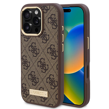 Apple iPhone 16 Pro Kılıf Guess Orjinal Lisanslı M-safe Şarj Özellikli 4G Desenli PU Metal Plaka Klasik Logolu Kapak
