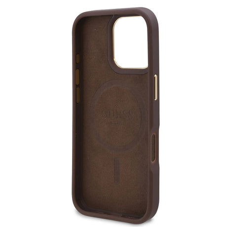 Apple iPhone 16 Pro Kılıf Guess Orjinal Lisanslı M-safe Şarj Özellikli 4G Desenli PU Metal Plaka Klasik Logolu Kapak