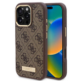 Apple iPhone 16 Pro Kılıf Guess Orjinal Lisanslı M-safe Şarj Özellikli 4G Desenli PU Metal Plaka Klasik Logolu Kapak