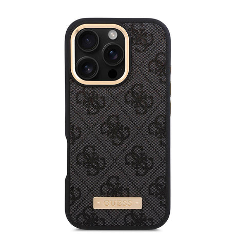 Apple iPhone 16 Pro Kılıf Guess Orjinal Lisanslı M-safe Şarj Özellikli 4G Desenli PU Metal Plaka Klasik Logolu Kapak
