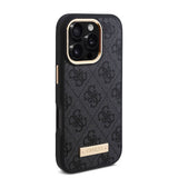 Apple iPhone 16 Pro Kılıf Guess Orjinal Lisanslı M-safe Şarj Özellikli 4G Desenli PU Metal Plaka Klasik Logolu Kapak