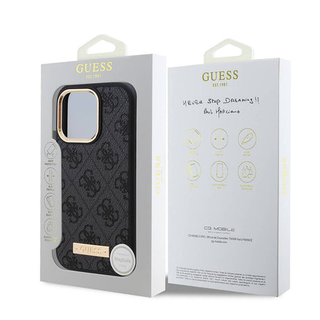 Apple iPhone 16 Pro Kılıf Guess Orjinal Lisanslı M-safe Şarj Özellikli 4G Desenli PU Metal Plaka Klasik Logolu Kapak
