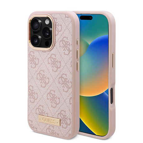 Apple iPhone 16 Pro Kılıf Guess Orjinal Lisanslı M-safe Şarj Özellikli 4G Desenli PU Metal Plaka Klasik Logolu Kapak