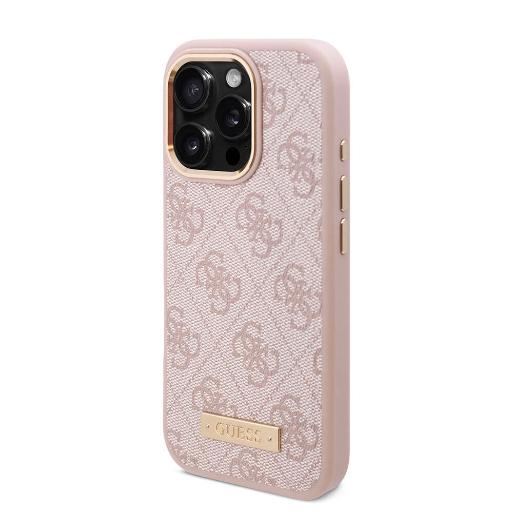 Apple iPhone 16 Pro Kılıf Guess Orjinal Lisanslı M-safe Şarj Özellikli 4G Desenli PU Metal Plaka Klasik Logolu Kapak