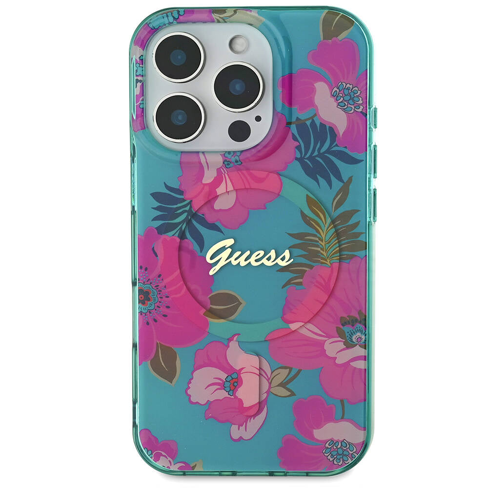 Apple iPhone 16 Pro Kılıf Guess Orjinal Lisanslı M-safe Şarj Özellikli Flower Tone On Tone Ring Kapak