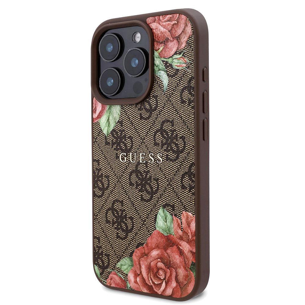 Apple iPhone 16 Pro Kılıf Guess Orjinal Lisanslı M-safe Şarj Özellikli Gül Baskılı 4G Desenli Yazı Logolu Kapak