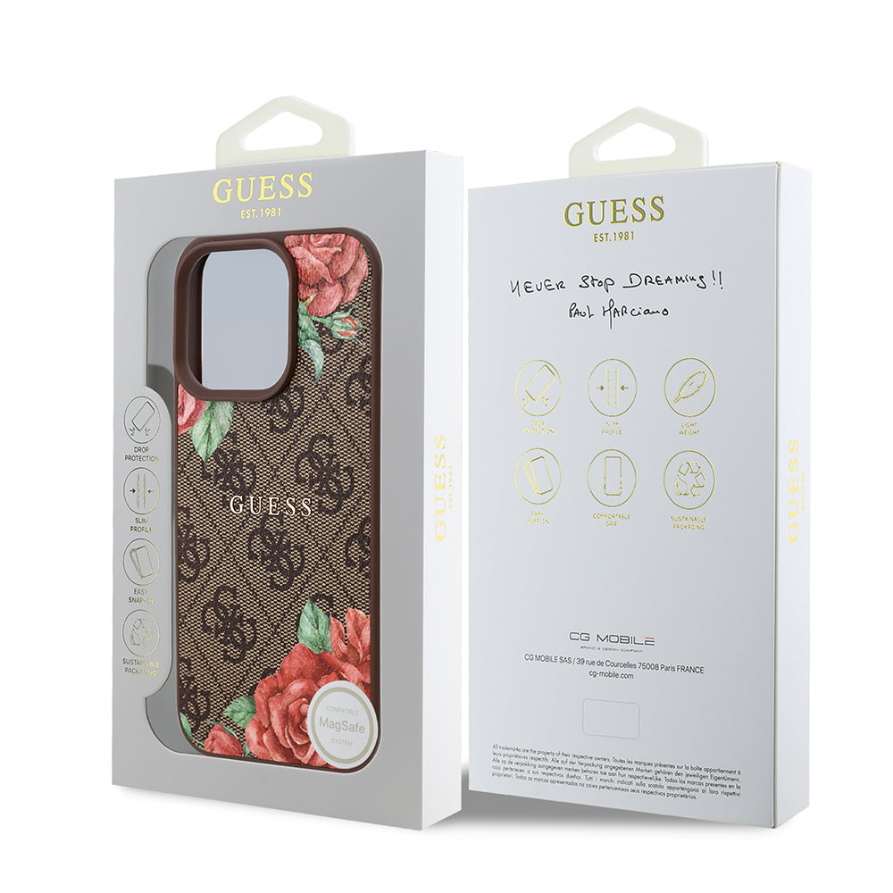 Apple iPhone 16 Pro Kılıf Guess Orjinal Lisanslı M-safe Şarj Özellikli Gül Baskılı 4G Desenli Yazı Logolu Kapak