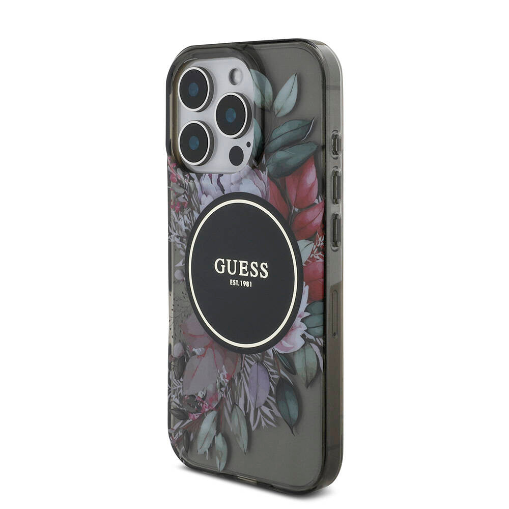 Apple iPhone 16 Pro Kılıf Guess Orjinal Lisanslı M-safe Şarj Özellikli IML Baskılı Çiçek İnci Bileklikli Kapak