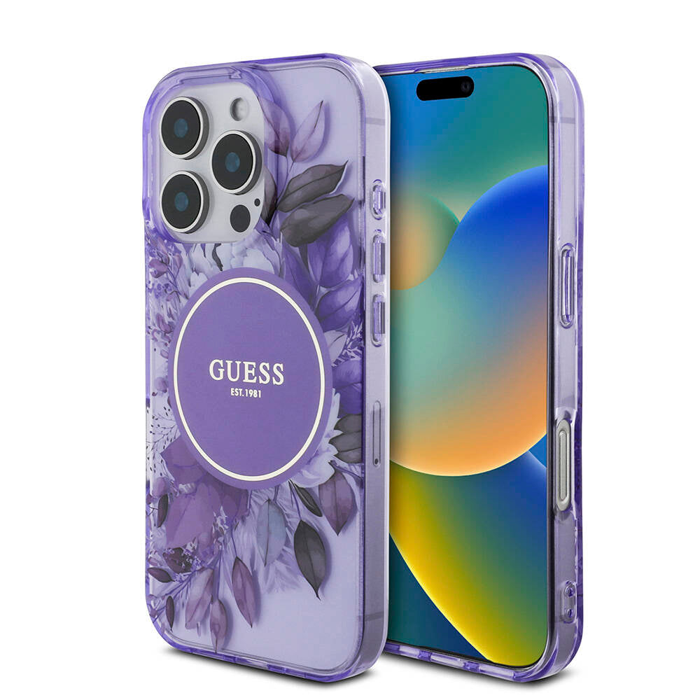 Apple iPhone 16 Pro Kılıf Guess Orjinal Lisanslı M-safe Şarj Özellikli IML Baskılı Çiçek İnci Bileklikli Kapak