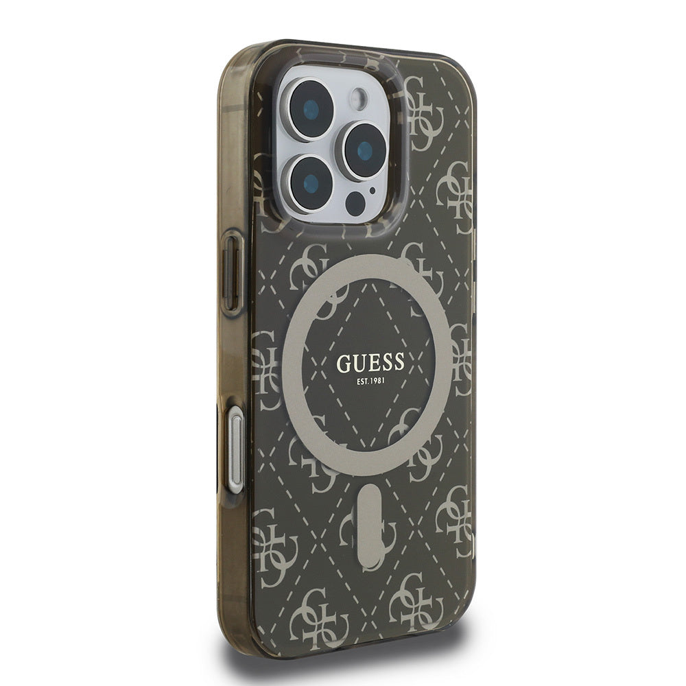 Apple iPhone 16 Pro Kılıf Guess Orjinal Lisanslı M-safe Şarj Özellikli IML Baskılı Klasik Logolu 4G Desenli Kapak