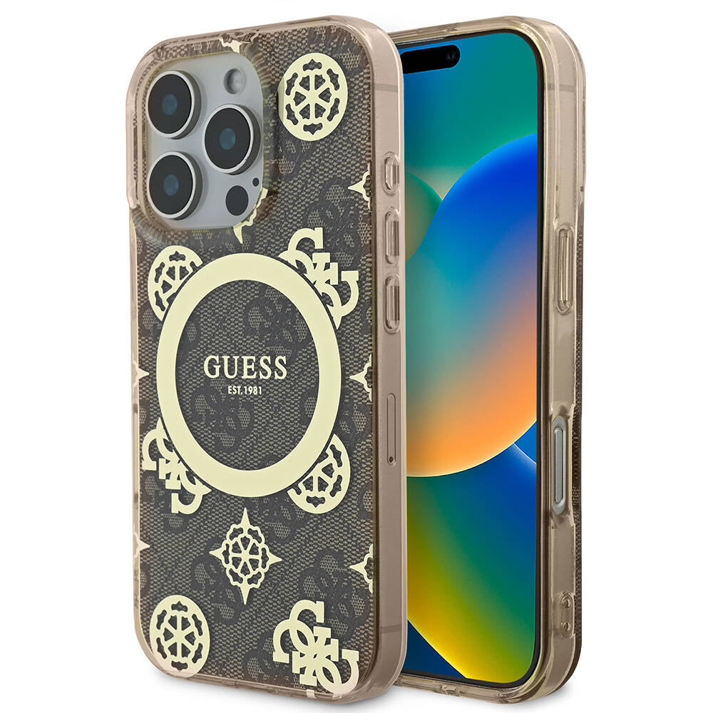 Apple iPhone 16 Pro Kılıf Guess Orjinal Lisanslı M-safe Şarj Özellikli IML Peony ve 4G Desenli Klasik Logolu Kapak