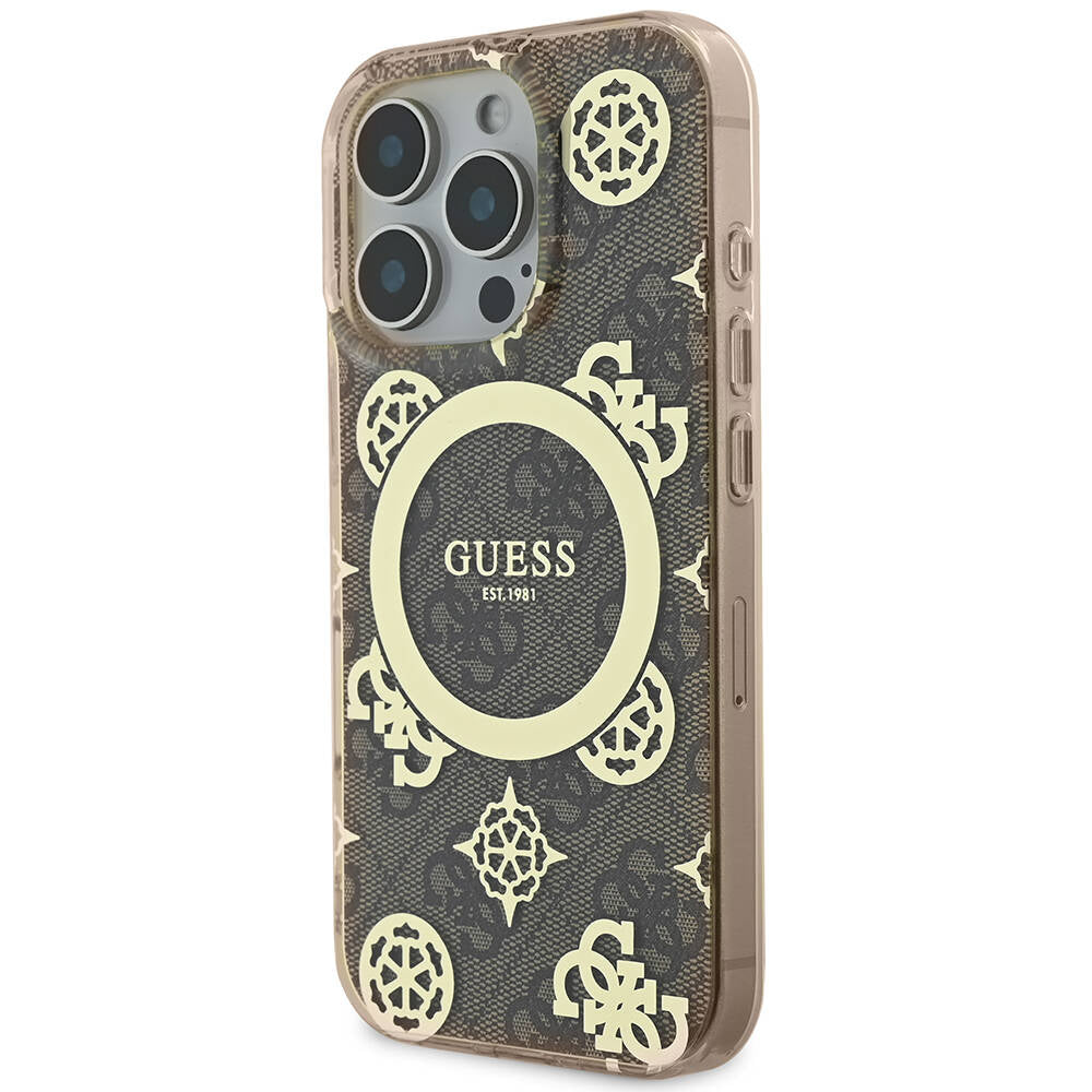 Apple iPhone 16 Pro Kılıf Guess Orjinal Lisanslı M-safe Şarj Özellikli IML Peony ve 4G Desenli Klasik Logolu Kapak