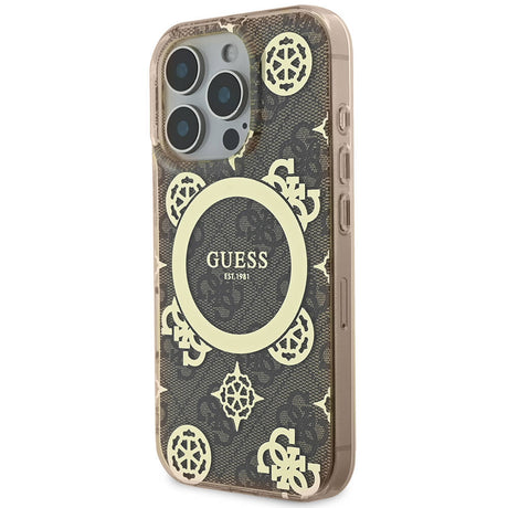 Apple iPhone 16 Pro Kılıf Guess Orjinal Lisanslı M-safe Şarj Özellikli IML Peony ve 4G Desenli Klasik Logolu Kapak