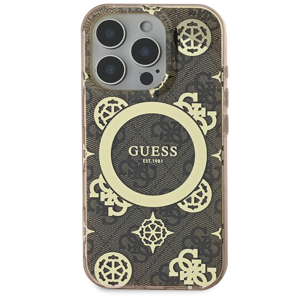 Apple iPhone 16 Pro Kılıf Guess Orjinal Lisanslı M-safe Şarj Özellikli IML Peony ve 4G Desenli Klasik Logolu Kapak
