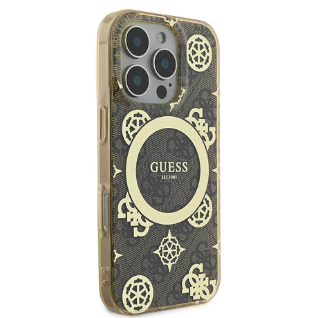 Apple iPhone 16 Pro Kılıf Guess Orjinal Lisanslı M-safe Şarj Özellikli IML Peony ve 4G Desenli Klasik Logolu Kapak